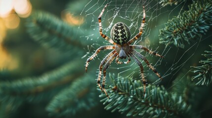 Large spider resting on its web captured with a focus on the intricate details among the pine tree surroundings High quality image