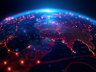 A glowing, digital map of Earth showcasing interconnected lights, representing data flow and technological networks across regions.