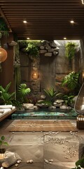 Wall Mural - A small room with a stone wall and a stone floor. There is a small pool with a few fish in it. A hanging chair is in the room