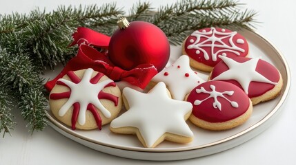 Plate of Christmas themed cookies featuring a red bow white star red ornament and pine sprigs against a white background