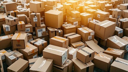 A large pile of cardboard boxes stacked together, with warm sunlight illuminating the scene.