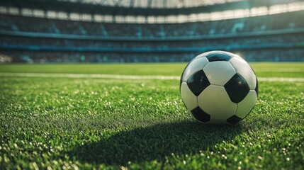 Soccer ball positioned on the green field of a stadium prepared for action in the midfield close up view