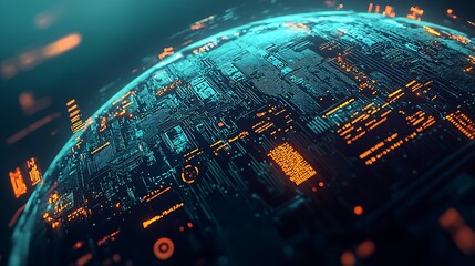 Fototapete - Futuristic Circuit Globe with Glowing Electric Circuits in a Digital World : Generative AI