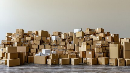 A large stack of cardboard boxes in a warehouse setting with neutral walls.