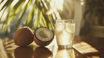 Refreshing Coconut Water: A glass of chilled coconut water with ice, alongside two coconuts, bathed in warm sunlight. The tropical paradise setting evokes a sense of relaxation and refreshment. 