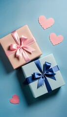 Wall Mural - Elegant gift boxes with ribbon and paper hearts on blue background