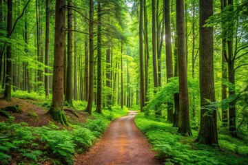 Naklejka na meble Trail winding through dense forest with tall trees and vibrant green foliage, mountains, forest trail hike nature outdoors scenery landscape