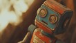 © Farn - 56. Close-up of a retro wind-up toy robot with faded colors, captured in warm, aged film tones