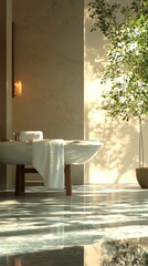 Wall Mural - A bathroom with a bathtub, a potted plant, and a towel. The bathroom is clean and well-lit, with a sense of calm and relaxation