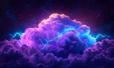A vibrant purple cloud surrounded by electric blue lightning in a cosmic setting, perfect for digital art and fantasy themes