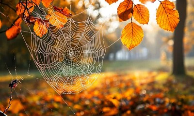 A spider web glistens in the sunlight among autumn leaves, showcasing nature's intricate beauty.