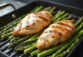 Two grilled chicken breasts on a grill pan, with asparagus spears in the background