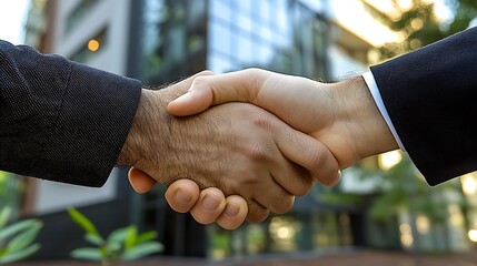 A closeup shot of two businessmen shaking hands in front of a modern office building, symbolizing a successful partnership in carbon trading initiatives to support sustainability programs