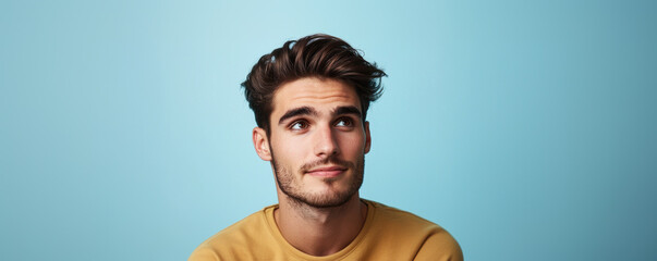 Handsome man isolated on light blue background with copyspace