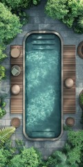 Wall Mural - A pool with a wooden deck and a few chairs around it. The pool is surrounded by trees and has a peaceful, relaxing atmosphere