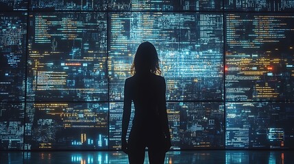 A woman stands before a wall of glowing digital code, representing the vastness and complexity of modern technology.