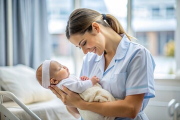 A nurse is holding a baby in her arms