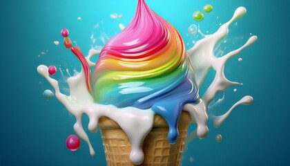 Vibrant abstract 3d ice cream rainbow colors flowing over drops background