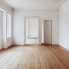 A bright and spacious empty room featuring wooden floors and white walls, showcasing a modern and minimalist interior design.