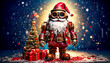 © Vadim - Cool Santa Claus in Steampunk Outfit with Christmas Tree and Gift Boxes, wishes merry christmas and happy new year in greeting card