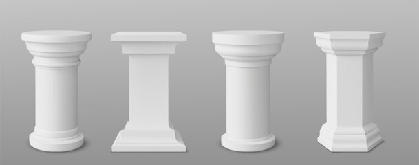 3d white pillar podium. Museum column stand vector for product display. Round and square shape empty exhibition stage. Realistic greek or roman marble foundation art sculpture with plinth level.
