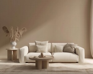 A minimalistic living room interior with a white sofa. a round coffee table with wooden legs. a rug. dried pampas grass in a vase. and two side tables The walls are a light brown color