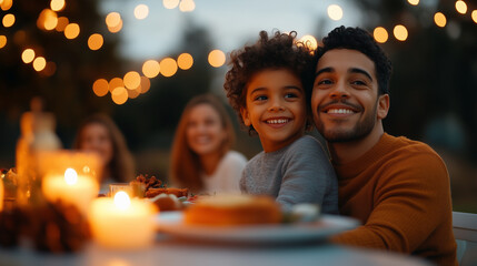 joyful family gathering is captured in this warm scene, featuring man and child smiling together amidst soft candlelight and festive bokeh lights. atmosphere is filled with love and happiness.