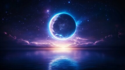 Wall Mural - ethereal cosmic landscape with glowing moon over tranquil waters