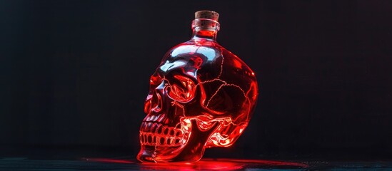 Glass Closed Bottle In The Shape Of A Skull With Alcohol Inside Glow In Red On A Black Background