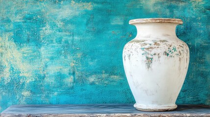 Canvas Print - Minimalist decor with a simple ceramic vase on a stone table, framed by a textured blue wall for a peaceful, modern design.