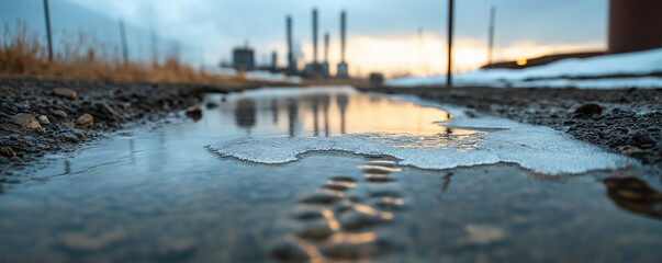 Wall Mural - melting ice on road with reflections of industrial chimneys and sunset sky in winter evening factory