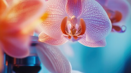 Close-up of an orchid s petals under a microscope in a research lab,