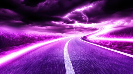 Canvas Print - Pink neon lights lining a dark road, leading through a stormy landscape, representing a surreal night adventure.