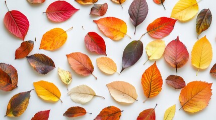 A white background with a large number of orange and yellow leaves scattered across it