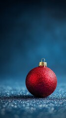 Wall Mural - A red ornament sits on a blue background. The ornament is surrounded by glitter, giving it a festive and celebratory appearance