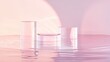 © DigitalDruid - Surreal abstract scene featuring an empty stage with three clear glass cylinder podiums against a pastel pink holographic backdrop in water ideal for showcasing cosmetic product mockups