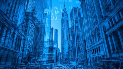 Wall Mural - A Blue Tinted Cityscape with Overlapping Buildings and Data Graphs