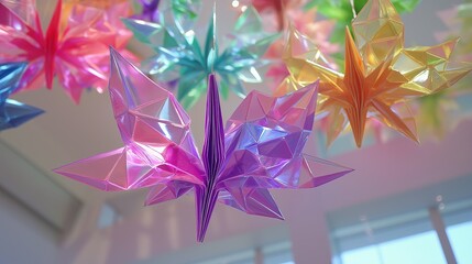 Wall Mural - A series of colorful origami cranes suspended in midair, creating a playful and artistic display.