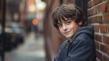 Portrait of a young teenage boy smirking while gazing at the camera in an outdoor urban setting