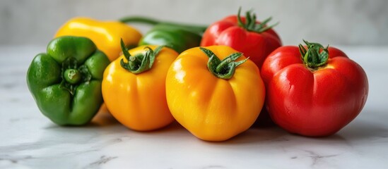 Colorful Vegetables Paprika Tomatoes On The White Table Close Up Photos