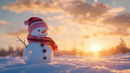 Celebrate the joyful winter holidays with a cheerful snowman set against a stunning winter sunset perfect for capturing the spirit of the season