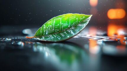 Aufkleber - The fusion of nature and technology a leaf embodying digital elements in a rainy setting