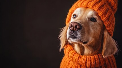 Golden retriever wearing an orange knitted hat and sweater against a dark background showcasing cozy pet apparel