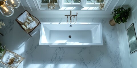 Wall Mural - A bathroom with a white bathtub and a potted plant. The bathtub is large and has a gold faucet