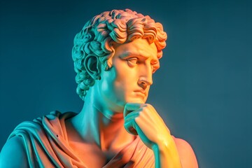  Classic marble statue of a thoughtful man illuminated with soft pink and blue, against a gradient background with ample copy space. Blends art and light for a modern twist.