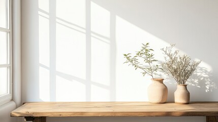Poster - Empty wooden table serves as a versatile surface for multiple uses featuring a neutral color scheme complemented by a white wall and abundant natural light from a nearby window