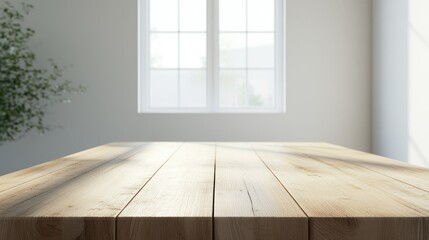 Poster - Empty wooden table serves as a versatile surface for multiple uses featuring a neutral color scheme complemented by a white wall and abundant natural light from a nearby window