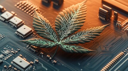 Leinwandbilder - The intersection of nature and technology a leaf on a circuit board symbolizing innovation