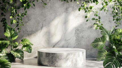 Aufkleber - Nature inspired marble stone podium backdrop mockup template featuring creative design ideas enhanced by greenery and leafy decorations