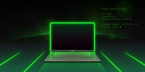Wall Mural - 3d green neon laptop screen dark digital mockup. blank office pc concept front design template on ta